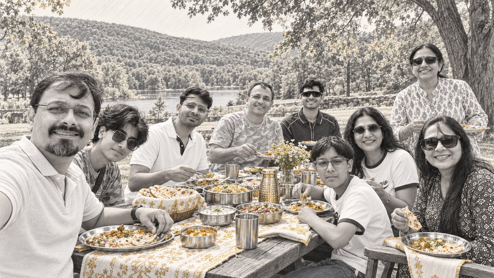 Illustration of the Bhansali family sharing a picnic in a scenic park