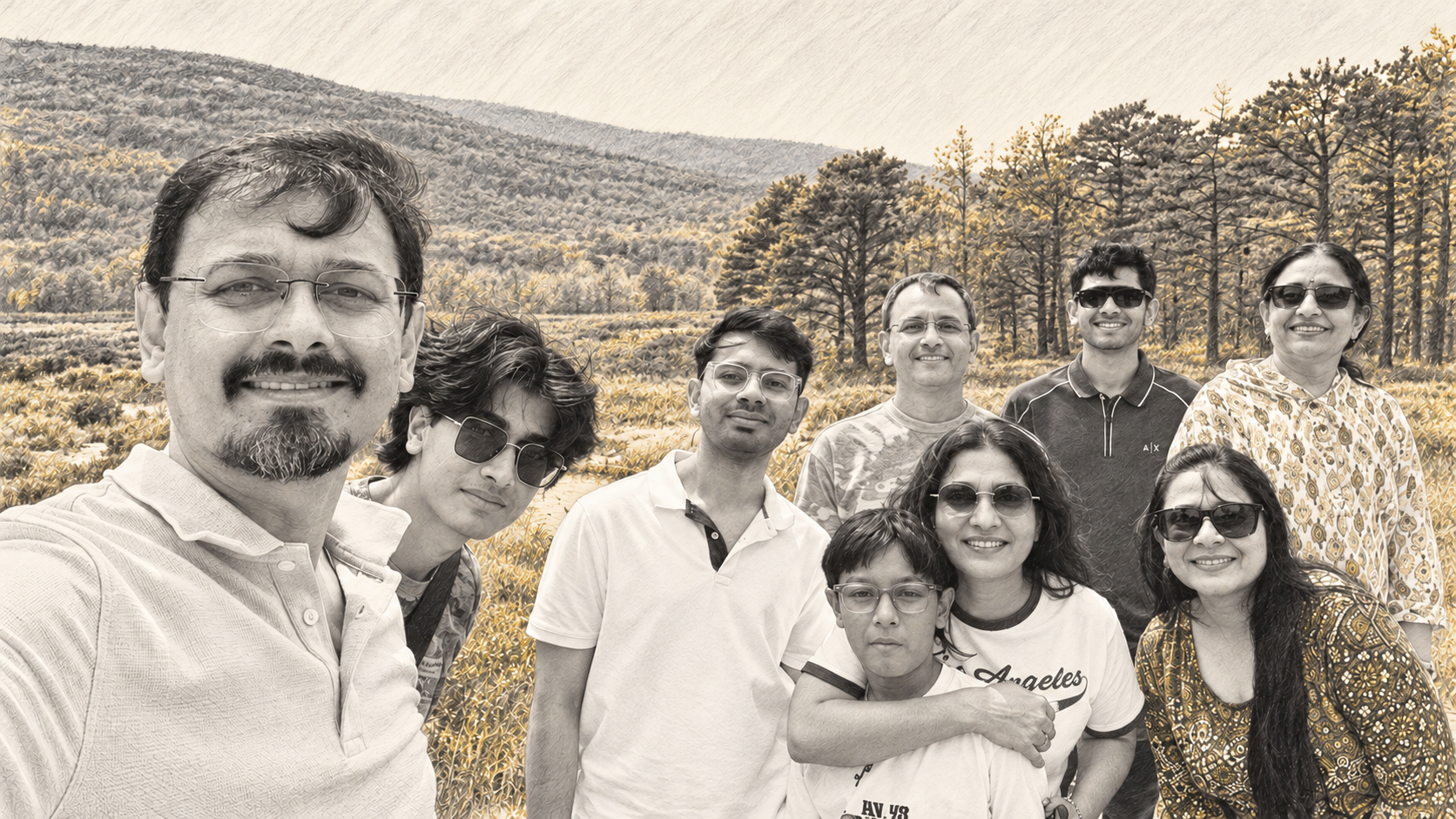 An illustrated portrait of the Bhansali family together outdoors